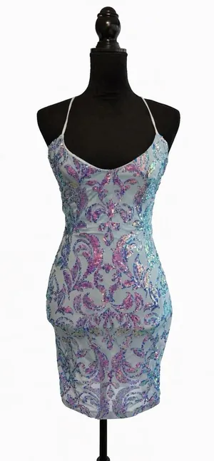 Windsor Sequin Bodycon Mini Dress Womens Light Blue Lace Up Open Back Y2K Size S thumbnail 1