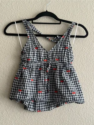 American Eagle Cherry Gingham Halter Peplum Top XS Embroidered Babydoll Y2K thumbnail 7