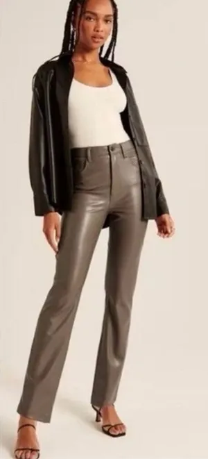 Abercrombie & Fitch 90’s ultra high rise straight taupe faux leather pant 25 thumbnail 1