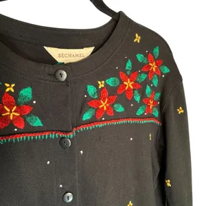 Bechamel Black Knit Button Christmas Cardigan Womens Small Poinsettia VTG FLAW‎ thumbnail 14