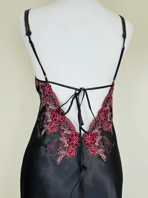 Vintage Black Satin Slip Dress Burgundy Embroidered Lace Maxi S thumbnail 5