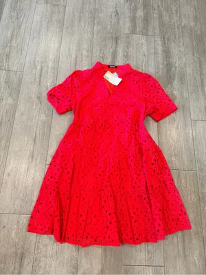V-Neck Red Eyelet Tiered Mini Dress thumbnail 2