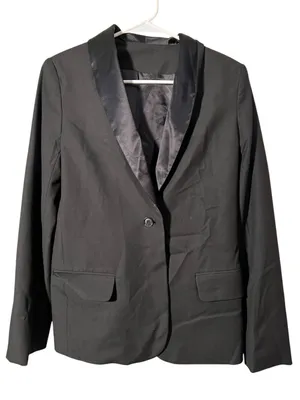 Women's Blazer Black Satin Lapel One Button Longline Lined Long Sleeve Stretch thumbnail 1