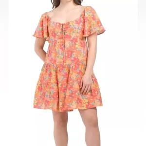 Marissa Olivia Red Orange Floral Flutter Sleeve Peasant Smocked Mini Dress L thumbnail 7