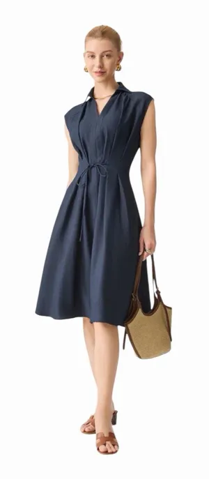 OGL Denim Look Midi Dress Collared Tie Waist Linen Blend NWT Extra Small thumbnail 1