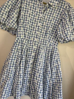 Anthropologie House of Harlow 1960 Blue Gingham Eyelet Puff Sleeve Dress 8 thumbnail 4