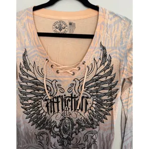 Affliction Nicolette L/S Rhinestone Cross & Wings T-Shirt Women's Size‎ Small thumbnail 3