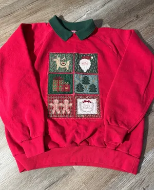 VTG Valorie Folk Art Christmas Sweatshirt Embroidered Gingerbread Red Green S M thumbnail 1