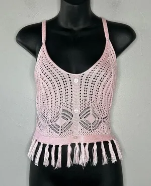 CRAVE FAME Crochet Fringe Crop Top Womens Size Large Boho Kawaii Pastel Festival thumbnail 1