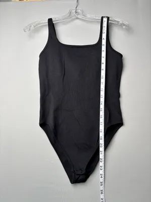 OQQ Black Ribbed Square Neck Bodysuit Medium | Stretchy Minimalist Tank Top thumbnail 6