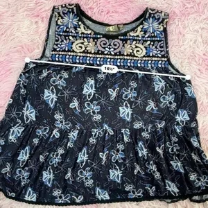 One September Embroidered‎ Tank Top Sleeveless Tiered Blue Floral Anthropologie thumbnail 5