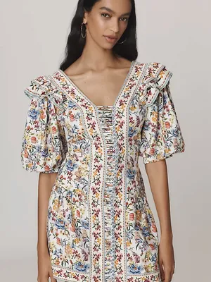 Farm Rio Greek Garden Floral Linen Blend Ruffle Tie Back Mini Dress Size M thumbnail 1