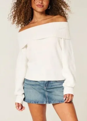 Hollister Off Shoulder Sweater Cream Cropped Knit Soft Girl Preppy Small thumbnail 1