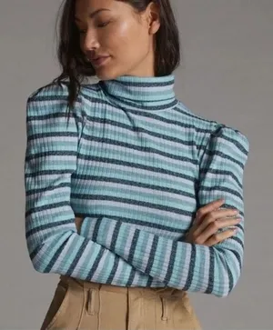 Maeve Anthropologie Puff Long Sleeve Striped Turtleneck Top Blue Medium thumbnail 1