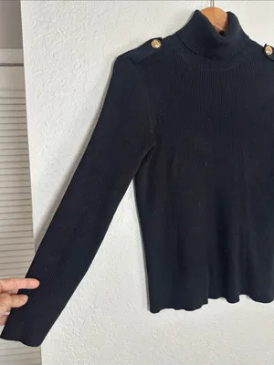 Ralph Lauren Black Ribbed Turtleneck Sweater Gold Buttons Epaulettes Preppy thumbnail 5