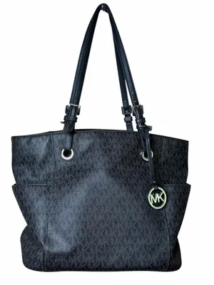 Michael Kors Jet Set EW Signature Tote Bag Black & Grey MK Logo Shoulder Purse thumbnail 1