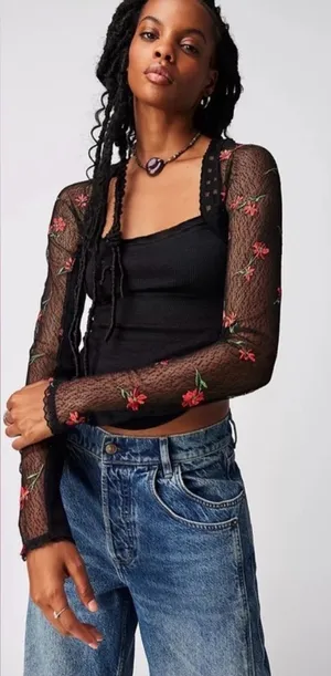 Free People Jolie Thermal Top XS Black Floral Mesh Lace Long Sleeve Boho thumbnail 1