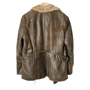 Vintage Leather Jacket Genuine Leather Brown Faux Fur Trim Belted Size XL thumbnail 2