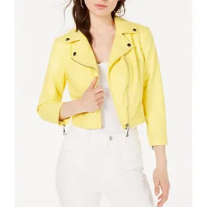 Guess Faux Leather Moto Jacket 3/4 Sleeves Size S Yellow thumbnail 6