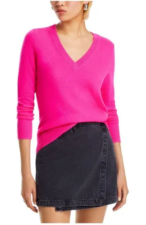 NWT Aqua Womens Pullover Cashmere V-Neck Sweater V11027 Neon Pink XS thumbnail 1
