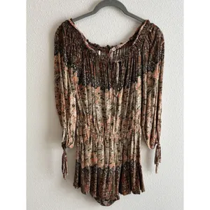Free People So Divine Romper Apricot Paisley Boho Cold Shoulder SP‎ thumbnail 3