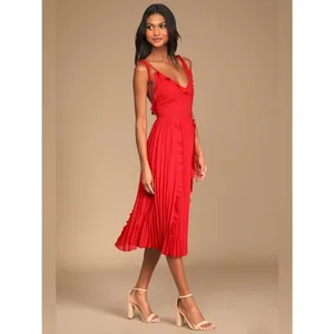 Lulus Never a Dull Moment Bright Red Tie-Strap Pleated Midi Dress Size XL Party thumbnail 3