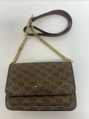 Karl Lagerfeld Connie Brown Monogram Crossbody with Gold Chain thumbnail 1