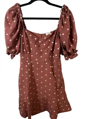 By Together Brown and White Polka Dot Zip Back Mini Dress‎ with Puff Sleeves thumbnail 1