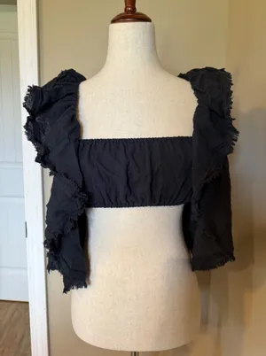 Free People Black Ruffle Smocked Back Crop Top Frayed Edge Boho Gauze Small thumbnail 1