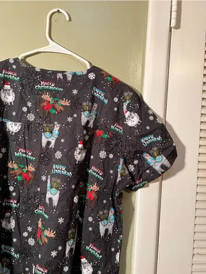 Cherokee Women's Sz Large Merry Whatever Scrub Top Gray V-Neck Holiday Christmas thumbnail 10
