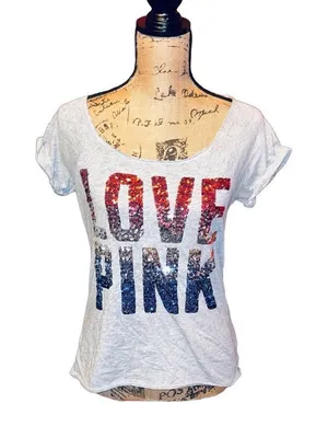 PINK - Victoria's Secret T-Shirt Sequin Logo Gray XS thumbnail 1
