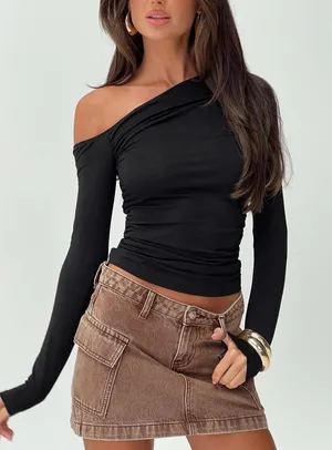 Princess Polly Belles long sleeve off the shoulder black long sleeve top thumbnail 1