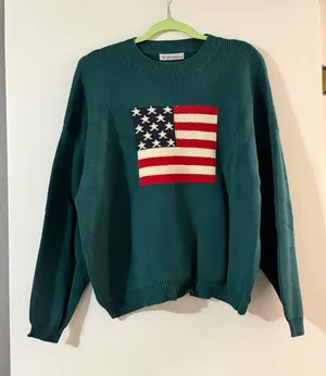Zenana Outfitters Green Crewneck Sweater with Flag Motif thumbnail 1