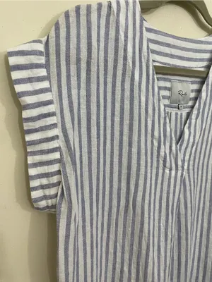 Rails Nala Popover Blouse Size M Blue Iris Stripe Linen Rayon Coastal Chic Beach thumbnail 7