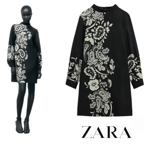 Zara Black Floral Paisley High Neck Minimalist Dress Bohemian Summer Gold Button thumbnail 9