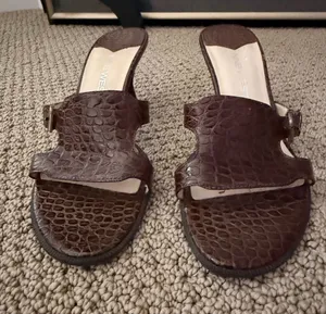 Nine West Dobbs Brown Croc-Embossed Leather Slide Sandals with Buckle Detail thumbnail 1