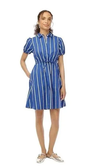New J.Crew Size 00 Collared Short-sleeve Tie-waist Mini Dress Blue White Stripe thumbnail 1