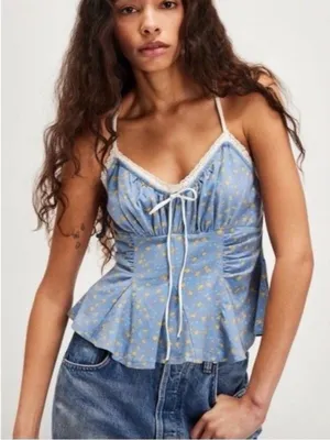 Free People XL Sammi Tank Top Blue Floral Peplum Babydoll Coquette Preppy thumbnail 1