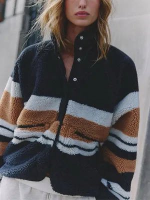 Free People Hit The Slopes Printed Fleece Jacket - Black Nutmeg Stripe - NWT thumbnail 1