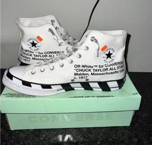 Converse White High-Top Sneakers with Black Checkerboard and Orange Tabs thumbnail 1