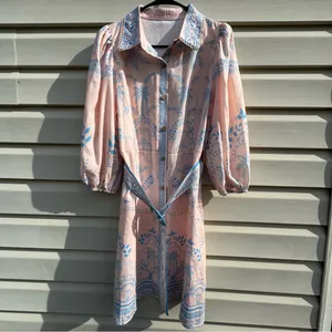 YOZY Pink Blue Palm Print Shirt Dress Belted Linen Blend Size L (8-10) thumbnail 2