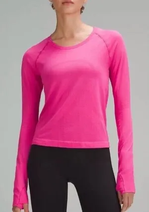 Lululemon Swiftly Relaxed Long Sleeve Top Womens Sz 8 Raspberry Pink Thumb holes thumbnail 1