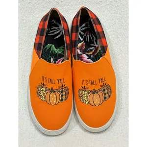 Orange Pumpkin “It’s Fall Y’all” Buffalo Plaid Canvas Slip On Sneakers Size 9.5 thumbnail 12