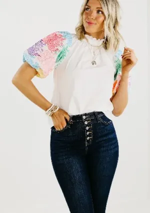 THML White Ruffle Neck Blouse Floral Multicolor Embroidered Puff Sleeves Small thumbnail 1