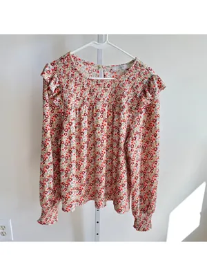 Loft EUC Women's Red Yellow Floral Smocked Ruffle Shoulder Knit Blouse Size L thumbnail 5