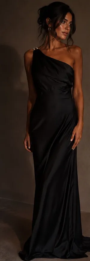 Olia Black Satin One Shoulder Maxi Gown Dress Size L NWT thumbnail 1