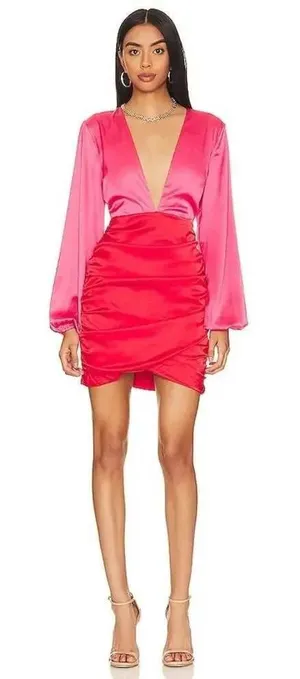 superdown Revolve Cheyanne Satin Deep V Plunge Colorblock Mini Dress Pink Red S thumbnail 1