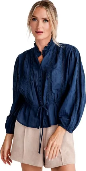 NWT Free People Best of Me Navy Blue Eyelet Blouse Boho Cotton Women's size XS thumbnail 1