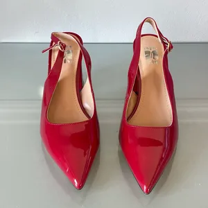 Women’s Red Patent Leather Slingback Block Heel Pumps Pointed Toe Size 8 NEW thumbnail 2