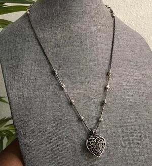 Brighton Y2K Reno Double Sided Reversible Silver tone Heart Charm Pendant Bead Necklace adjustable length #gothic #whimsygoth #celestial #fairy thumbnail 2